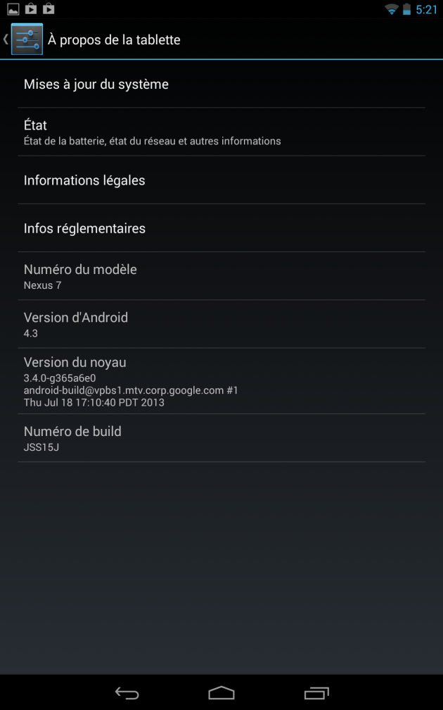 version 4.3 installé lors du début de commercialisation du Nexus 7 2